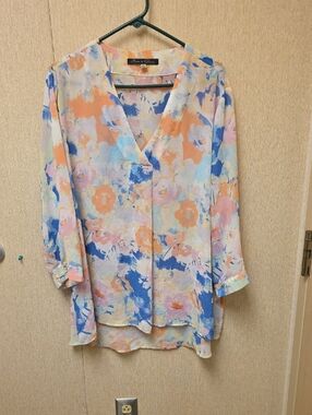 Rose & Olive Pastel Watercolor Floral V-Neck Blouse